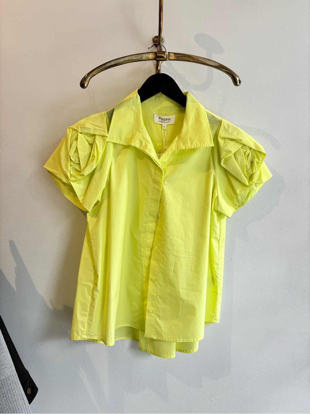 Psophia Neon Lime Short-Sleeve Button-Down Shirt with Sculpted Puff Sleeves